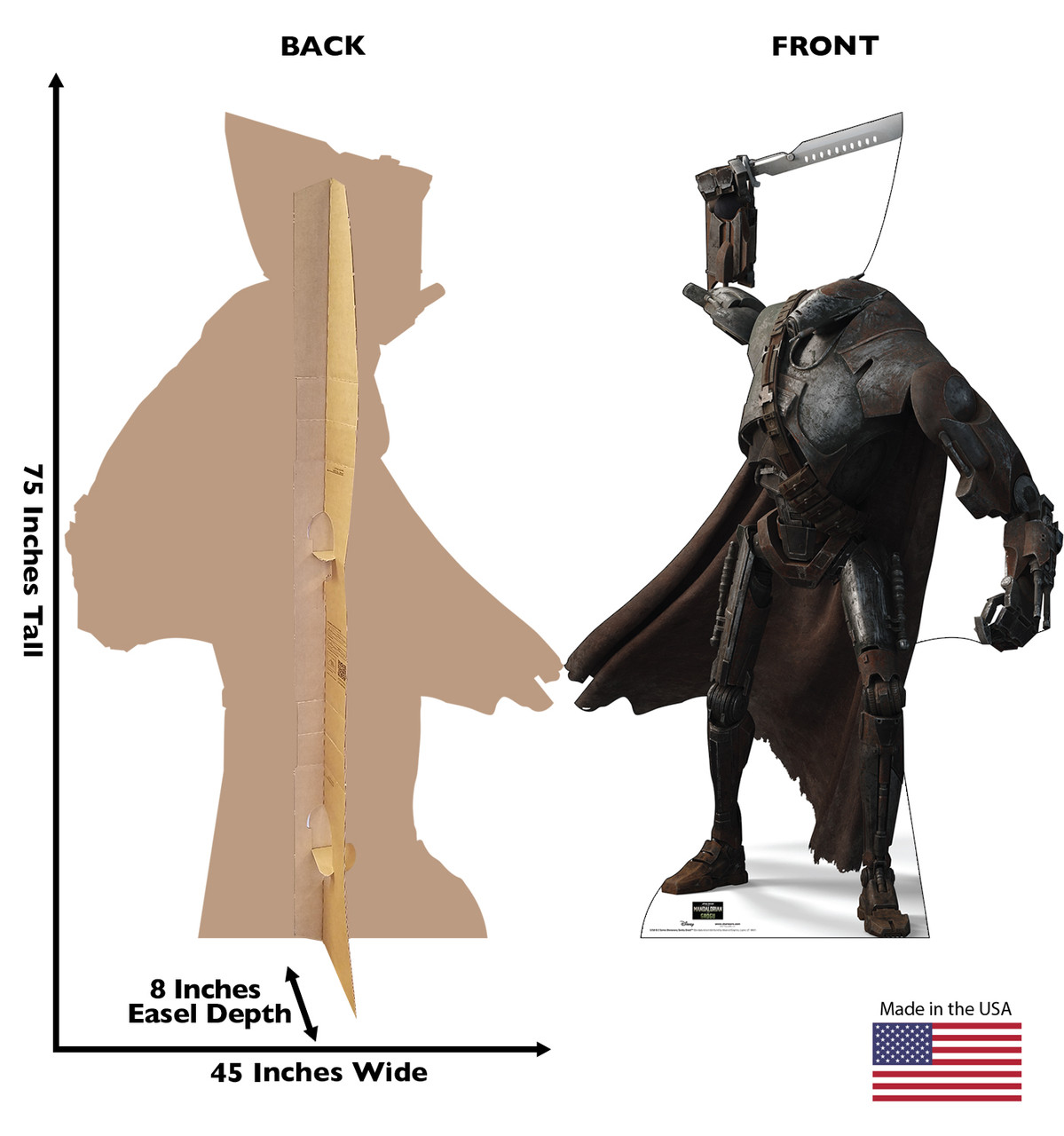 Life-size Cardboard standee of B-2 Series Mercenary Sentry Droid™ with back and front dimensions.