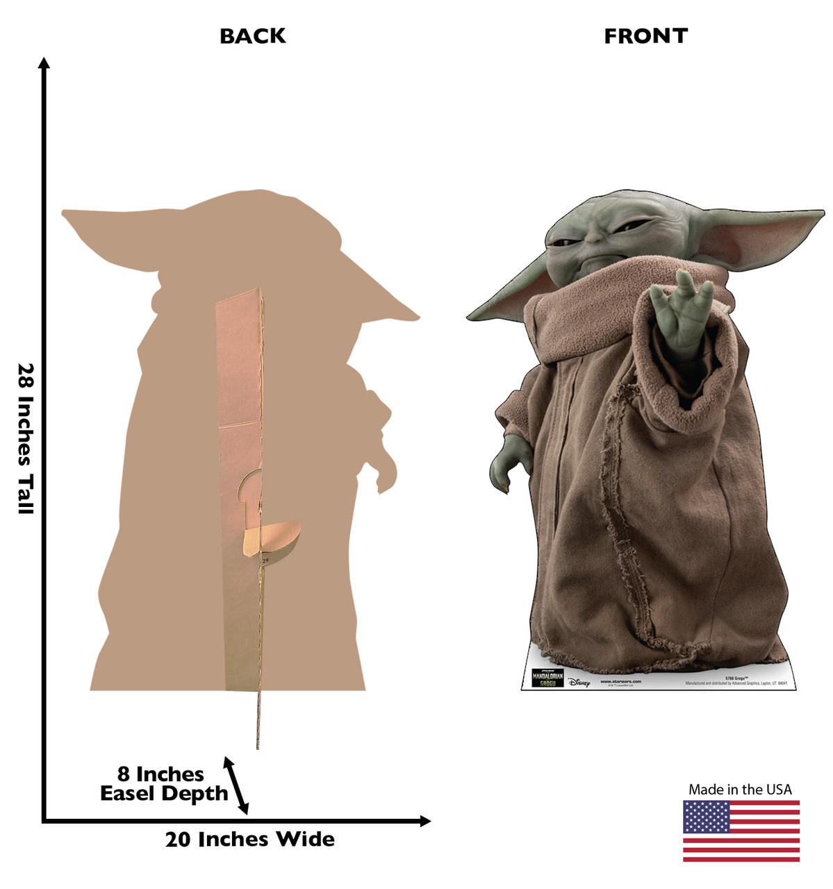 Life-size Cardboard standee of Grogu™ with back and front dimensions.