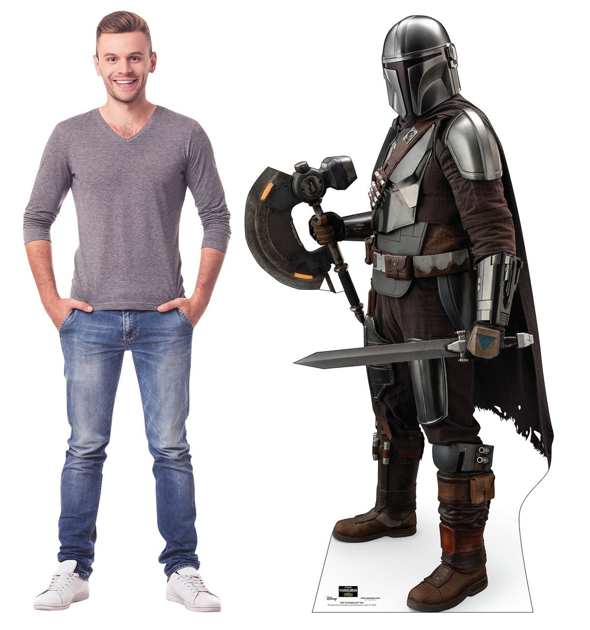 Life-size Cardboard standee of The Mandalorian™ Gear with model.