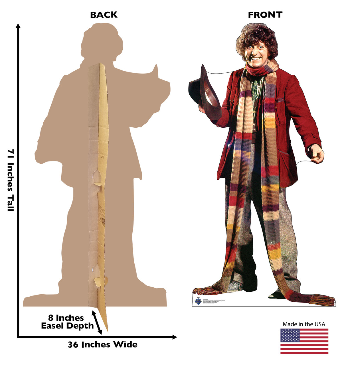 Life-size Cardboard standee of the Fourth Doctor Who with back and front dimensions.