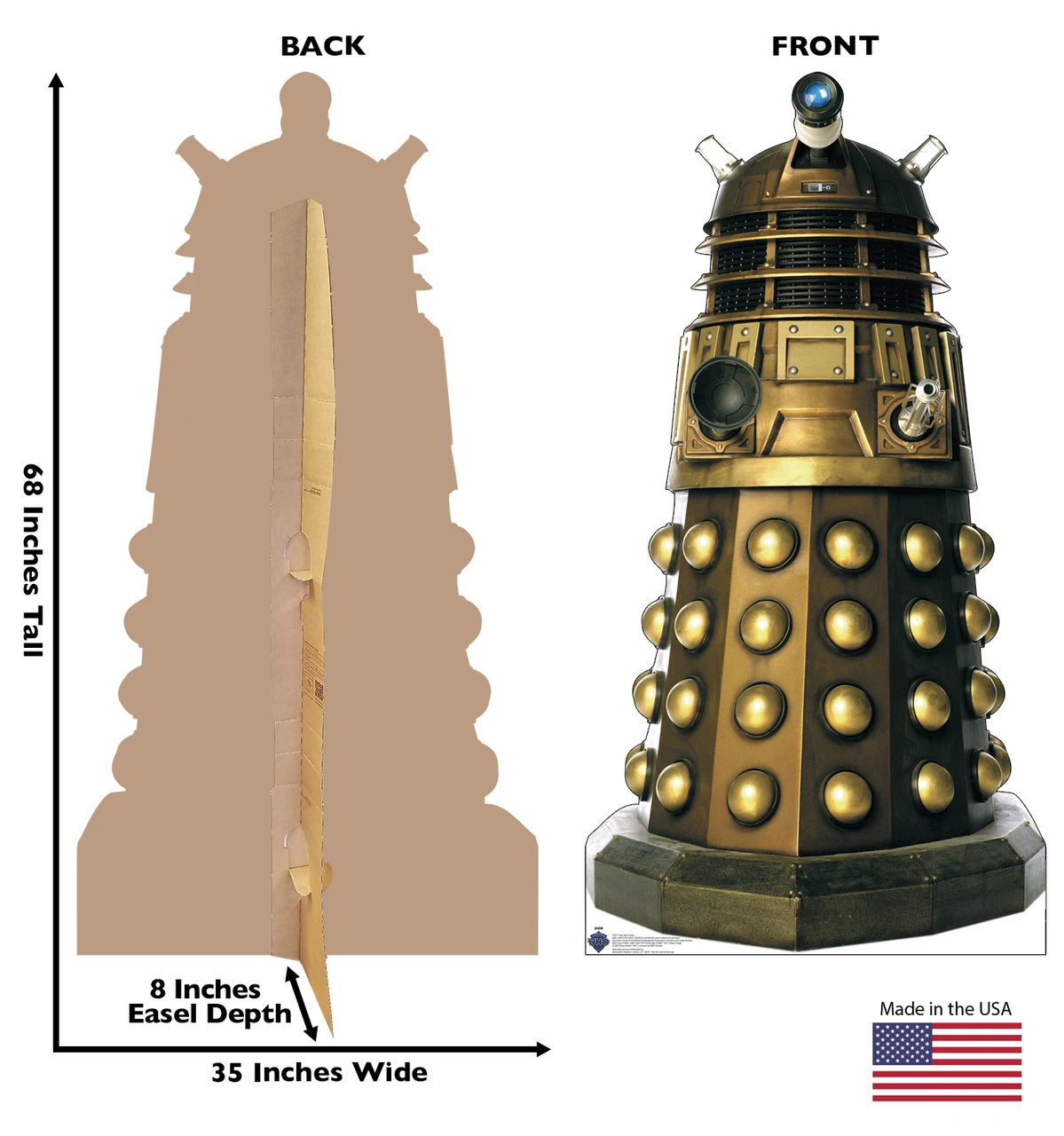 Life-size Cardboard standee of Time Wars Dalek with back and front dimensions.