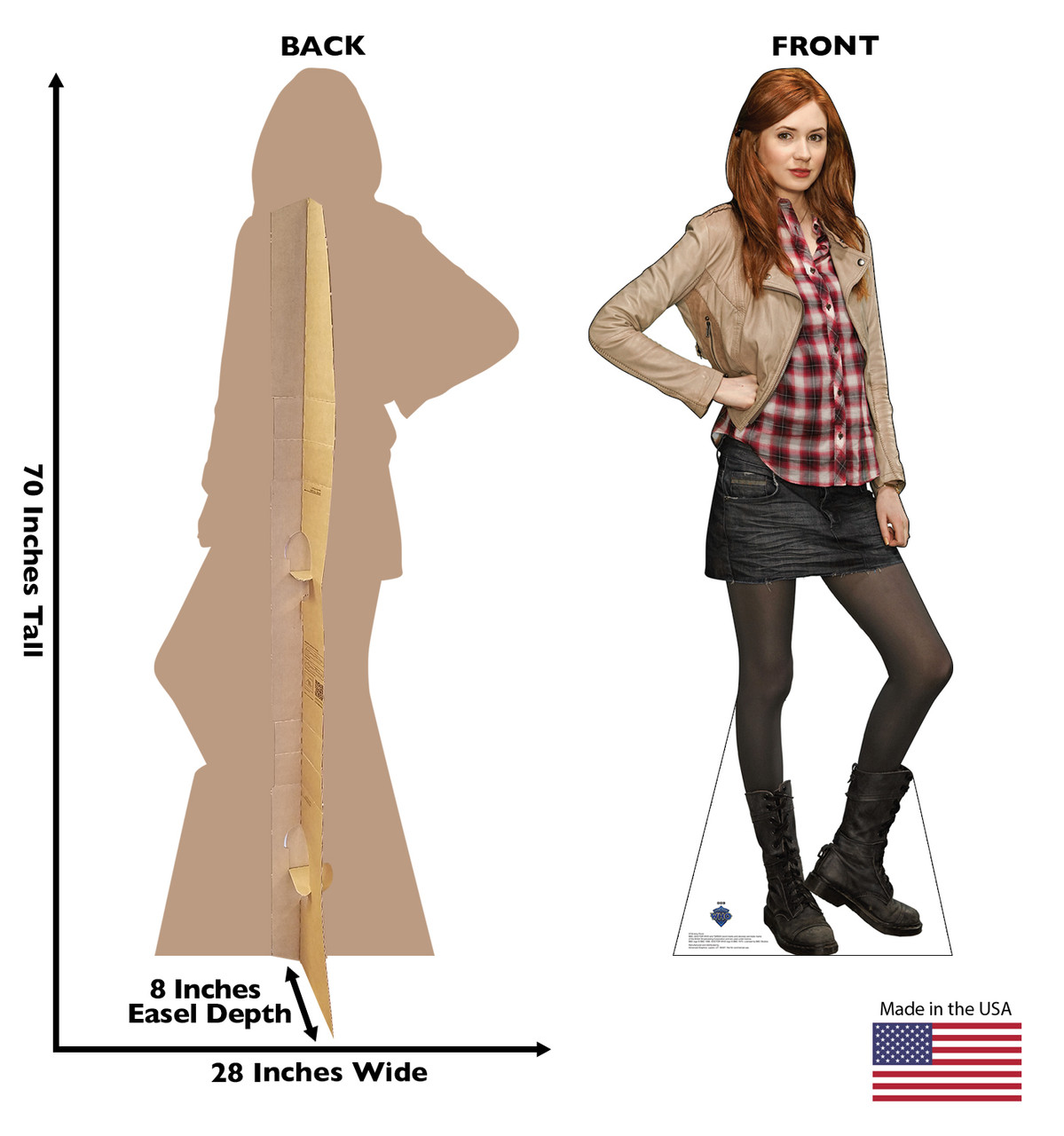 Life-size Cardboard standee of Amy Pond with back and front dimensions.
