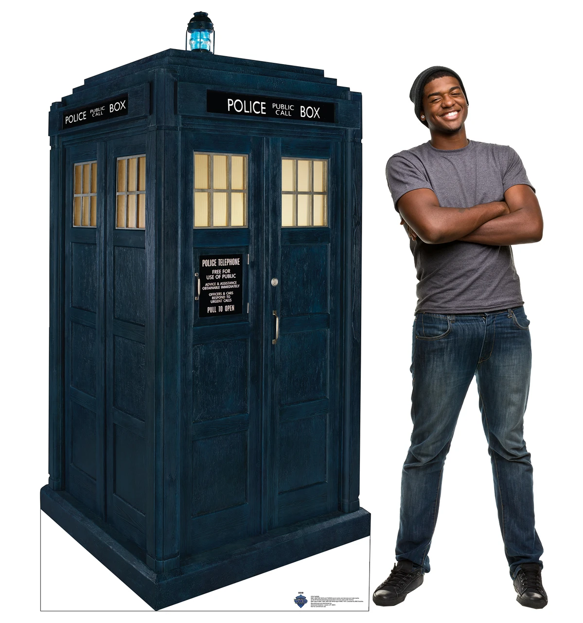 Life-size Cardboard standee of the TARDIS with model.