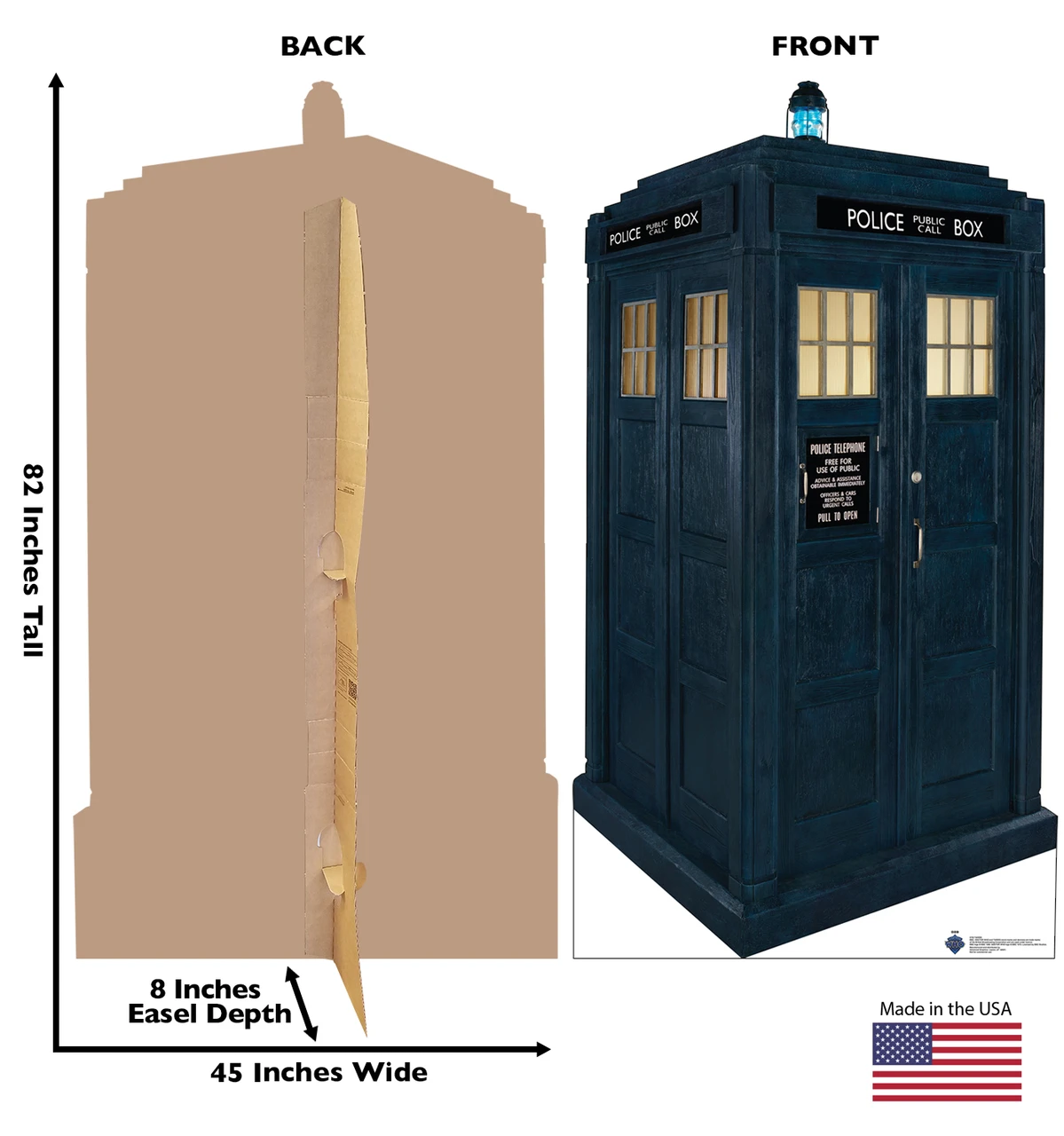 Life-size Cardboard standee of the TARDIS with back and front dimensions.