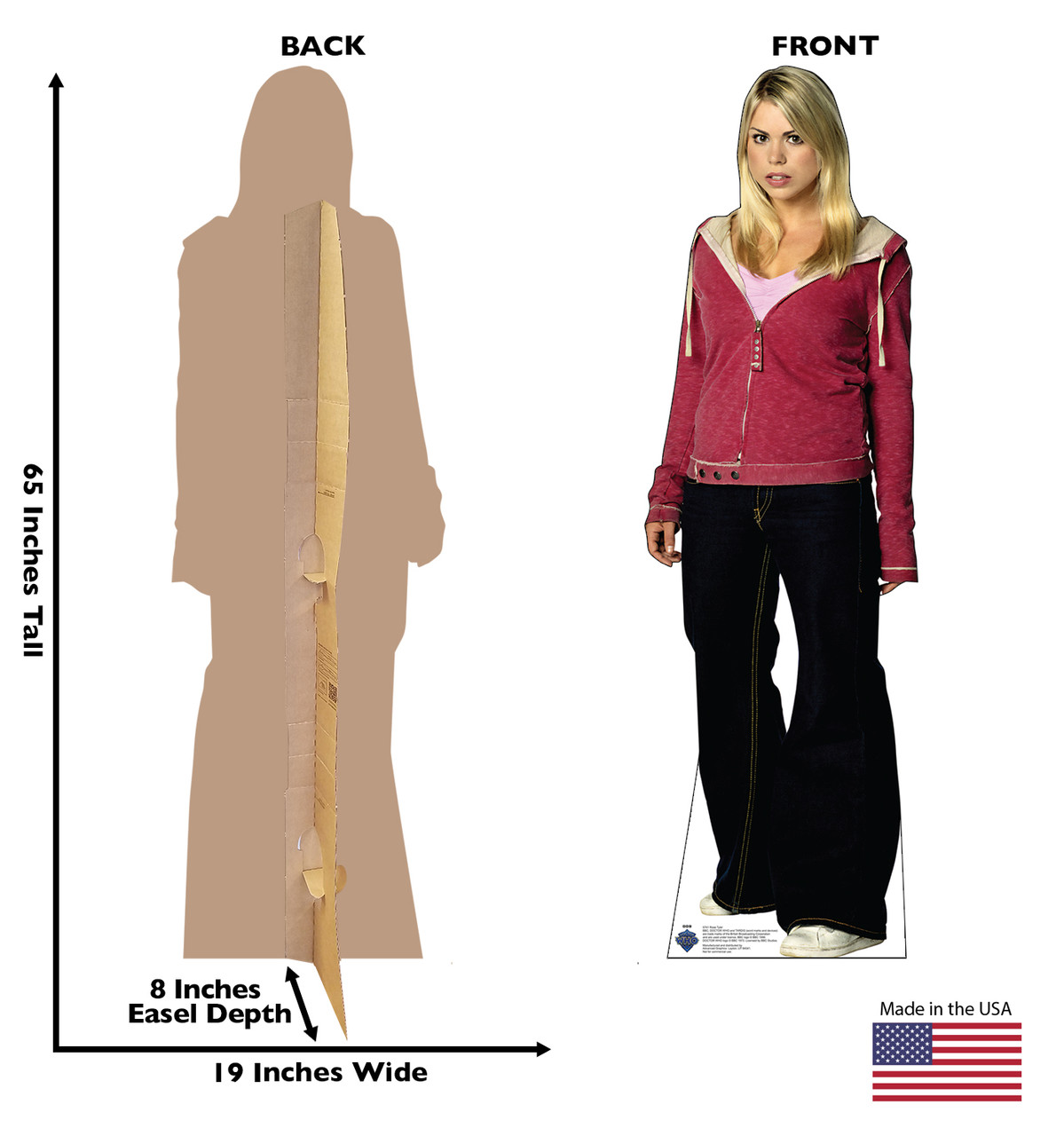 Life-size Cardboard standee of Rose Tyler with back and front dimensions.