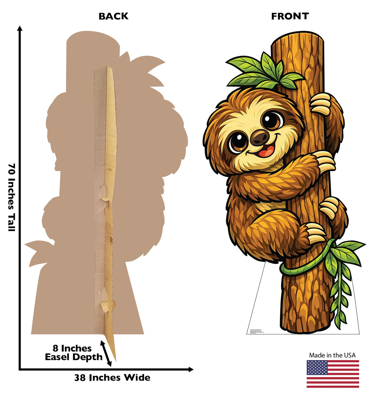Life-size cardboard standee of a Sloth (Vacation Bible School) with back and front dimensions.