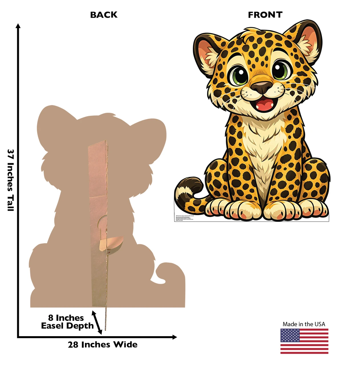 Life-size cardboard standee of a Cartoon Jaguar (Vacation Bible School) with back and front dimensions.