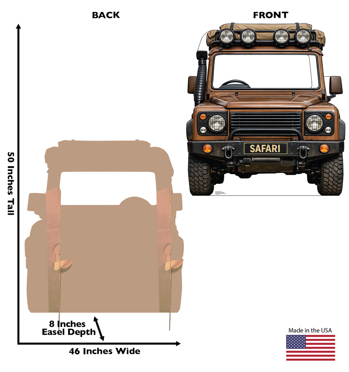 Life-size cardboard standee of a Safari Truck Standin with back and front dimensions.