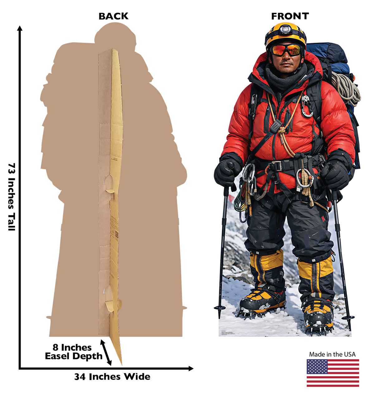 Life-size cardboard standee of a Sherpa with back and front dimensions.