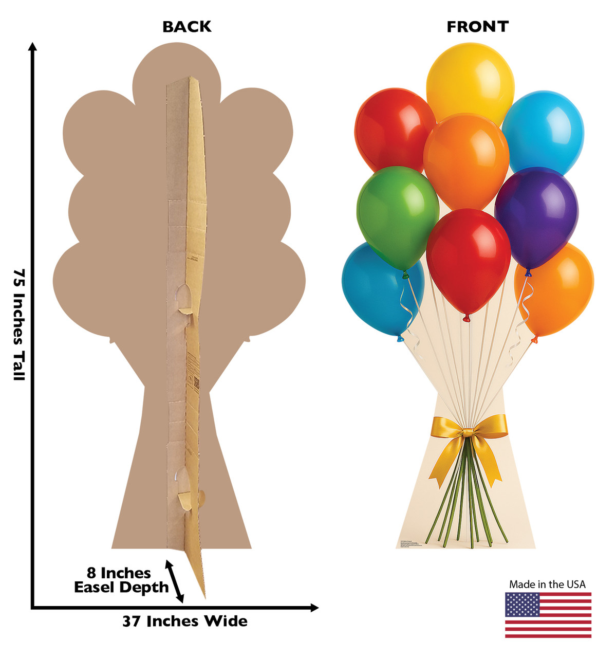 Life-size cardboard standee of a Balloon Bouquet with back and front dimensions.