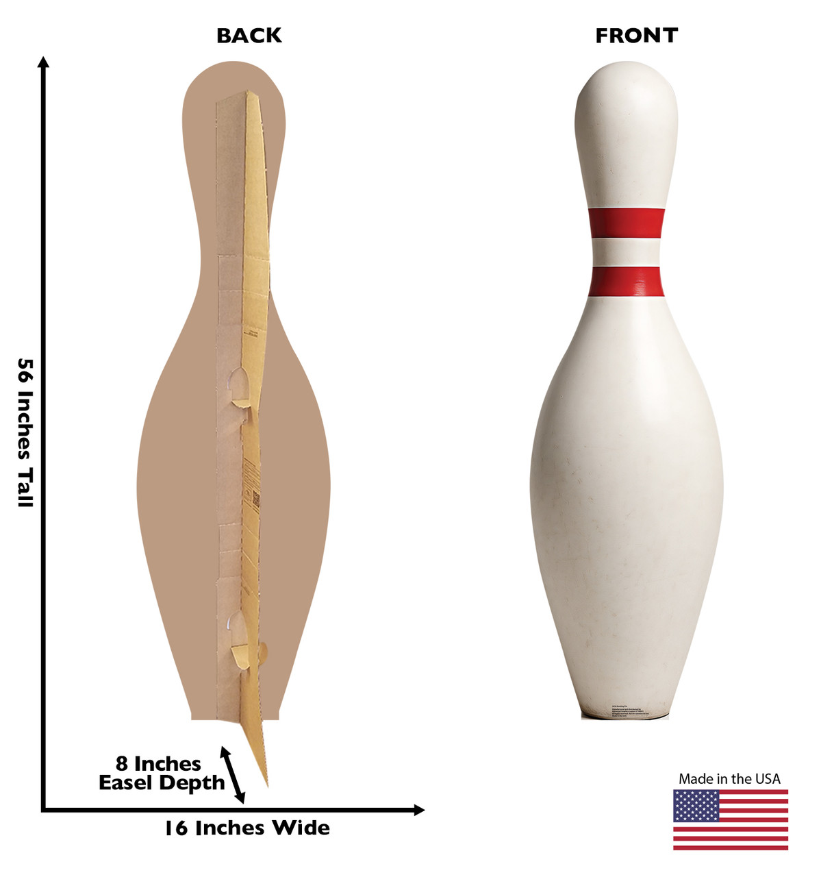Life-size cardboard standee of a Bowling Pin with back and front dimensions.