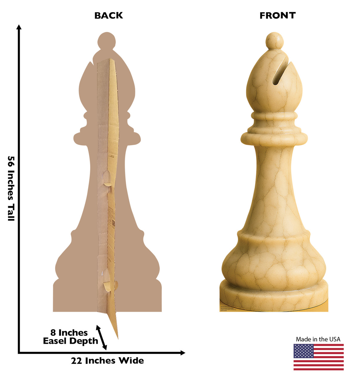 Life-size cardboard standee of Chess Bishop White with back and front dimensions.