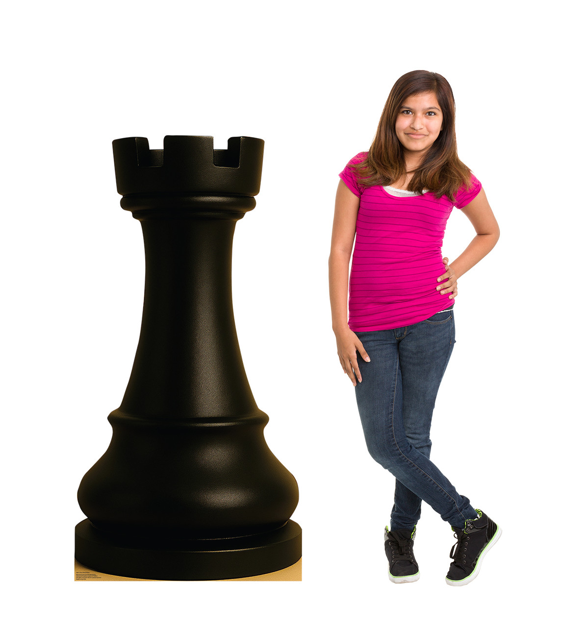 Life-size cardboard standee of Chess Rook Black with model.