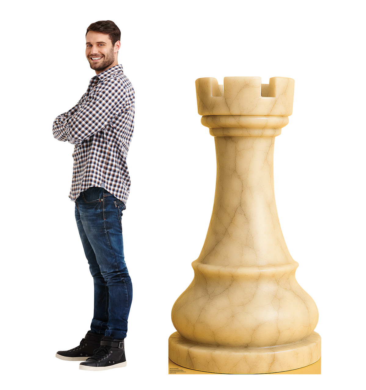 Life-size cardboard standee of Chess Rook White with model.