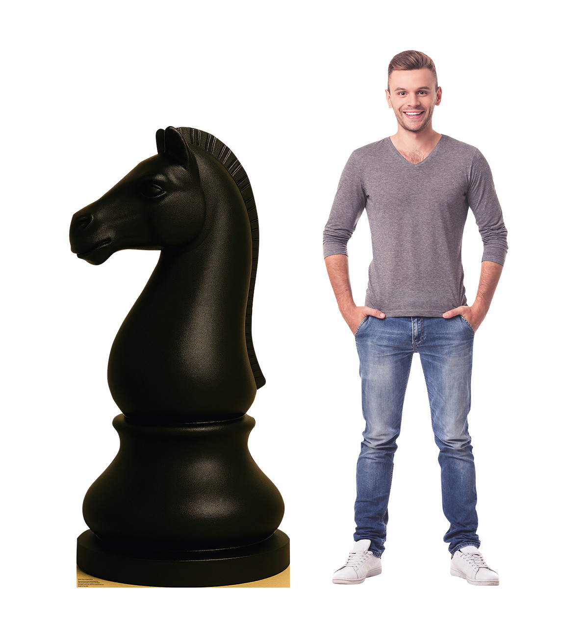Life-size cardboard standee of Chess Knight Black with model.