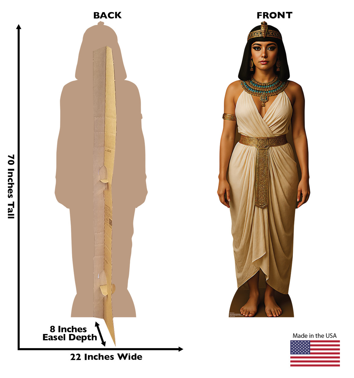 Life-size cardboard standee of Cleopatra with back and front dimensions.