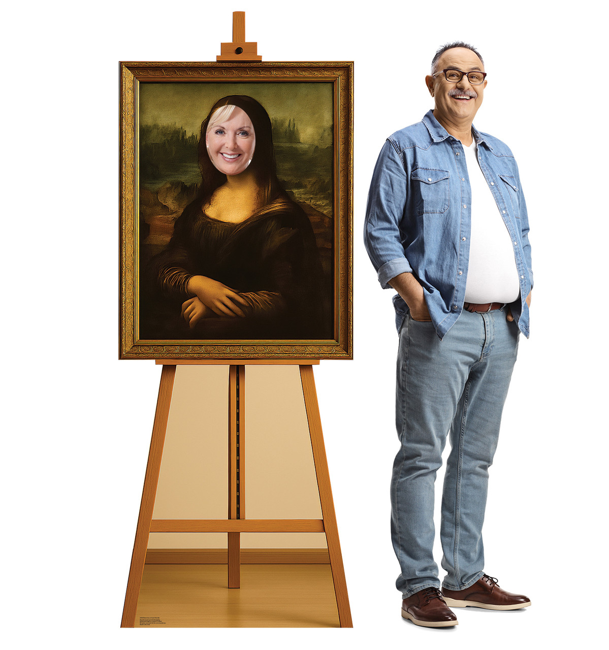 Life-size cardboard standee of Mona Lisa on Easel Standin with models.