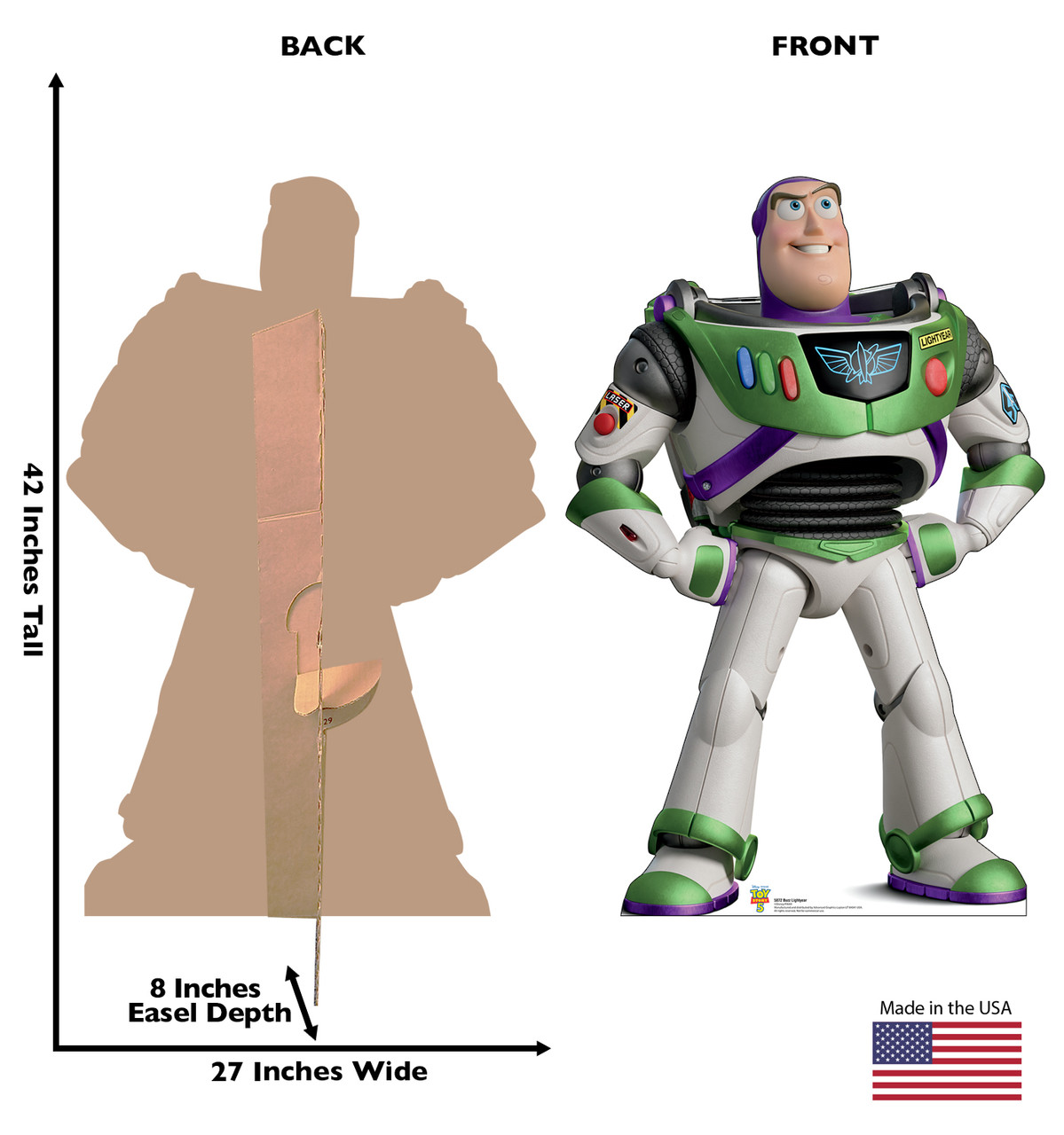 Life-size cardboard standee of Buzz Lightyear with back and front dimensions.