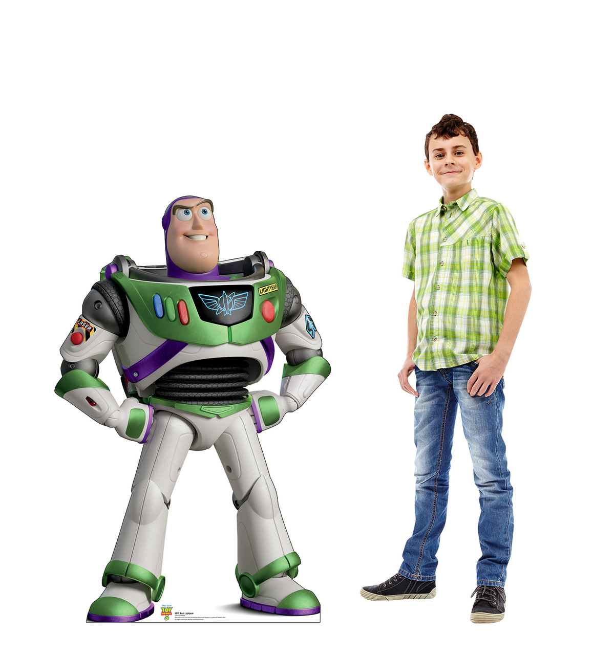 Life-size cardboard standee of Buzz Lightyear with model.