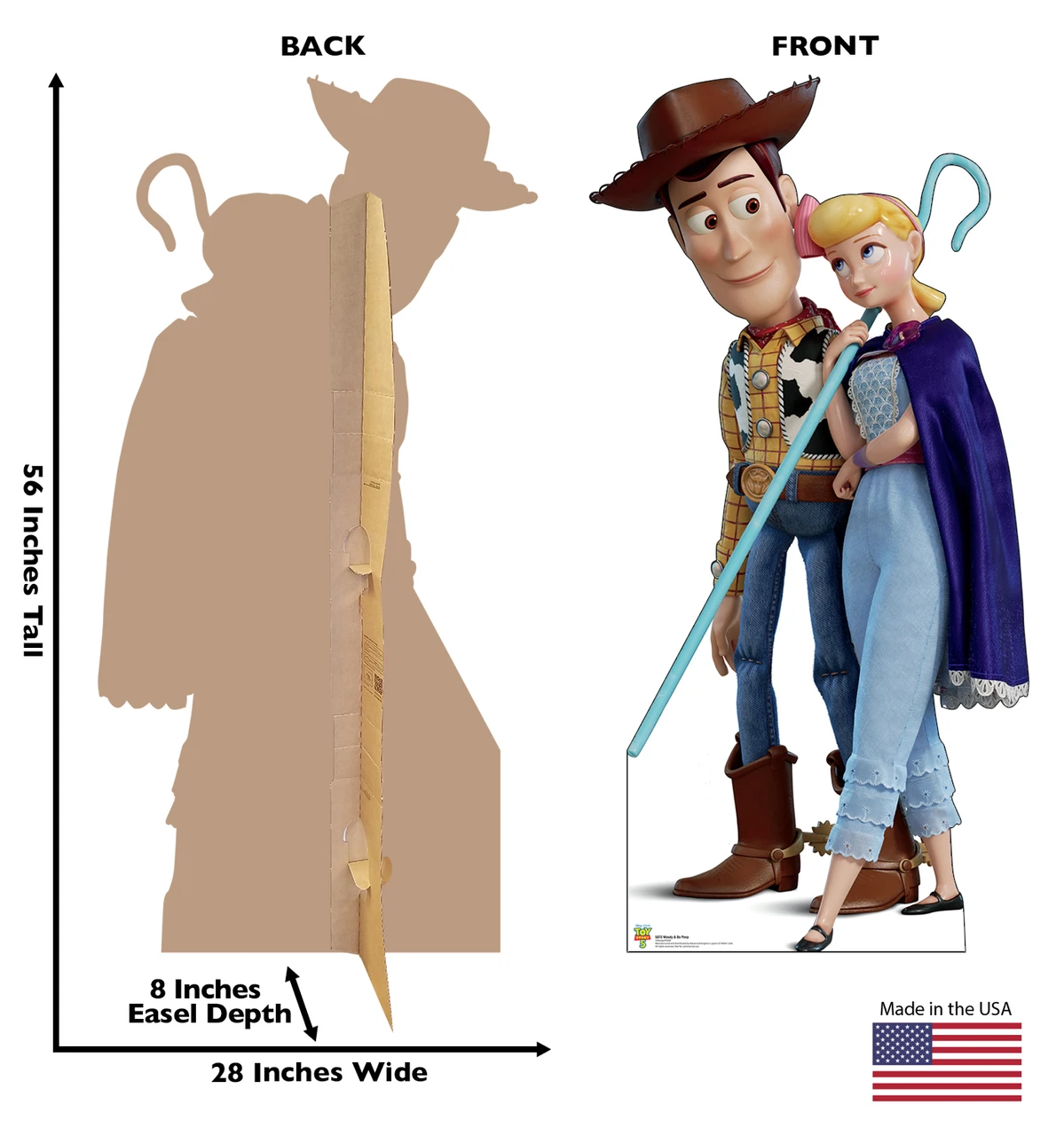 Life-size cardboard standee of Woody & Bo Peep with back and front dimensions.