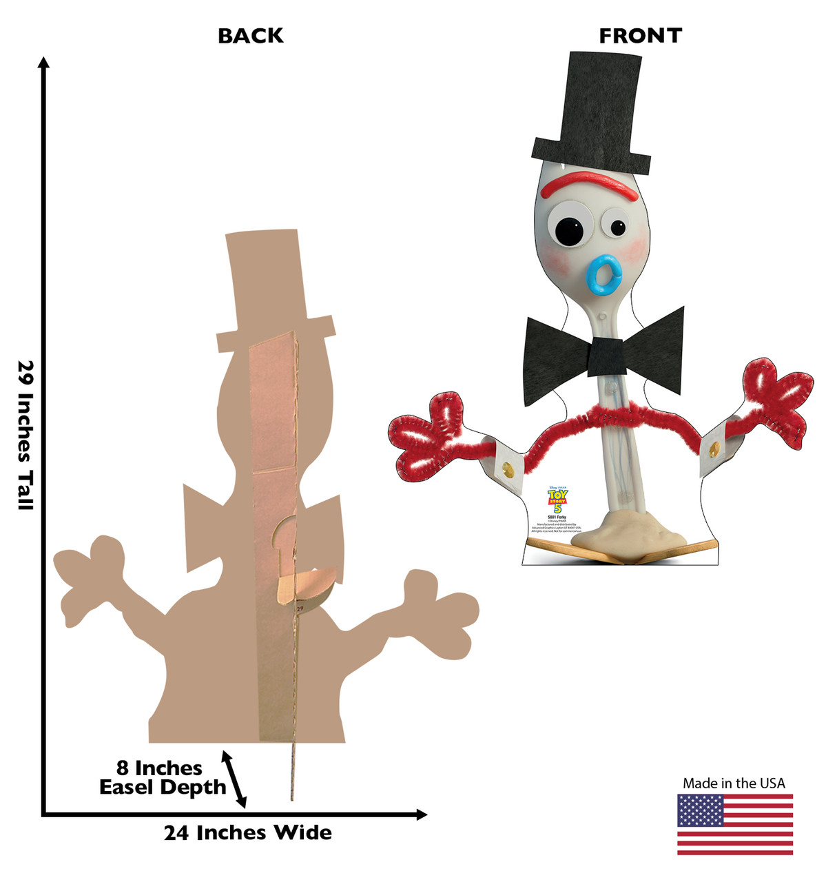 Life-size cardboard standee of Forky with back and front dimensions.