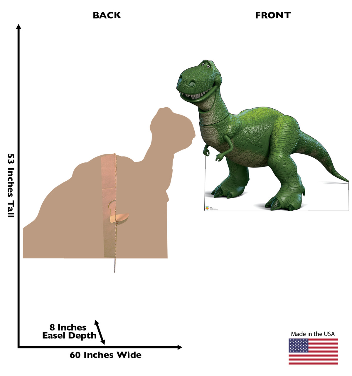Life-size cardboard standee of Rex with back and front dimensions.