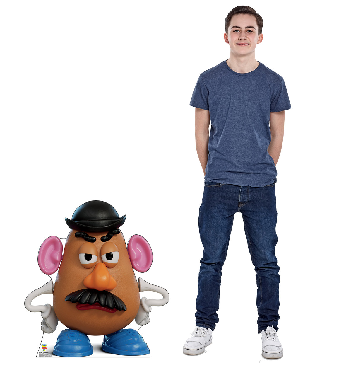 Life-size cardboard standee of Mr. Potato Head with model.