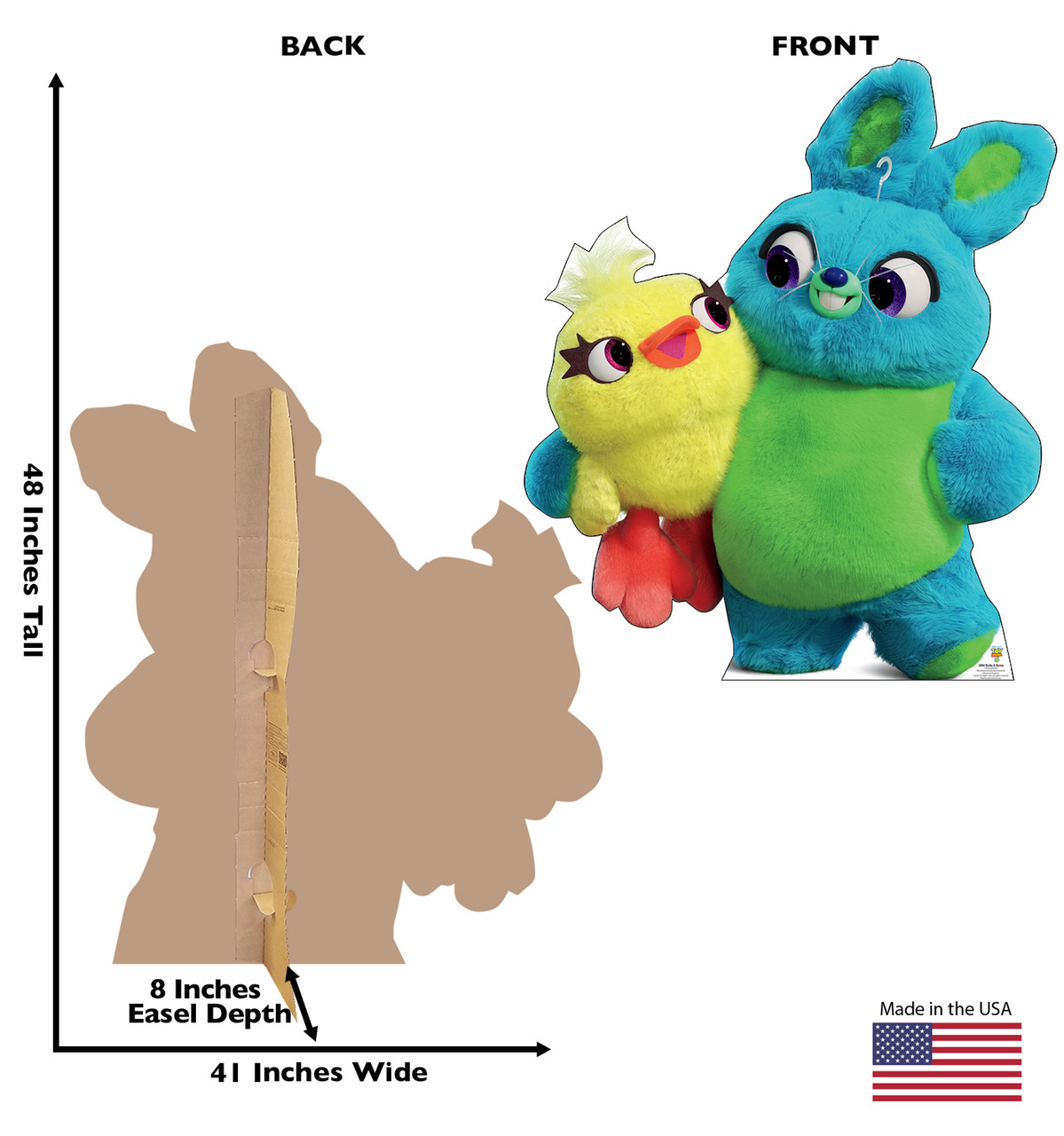 Life-size cardboard standee of Ducky & Bunny with back and front dimensions.