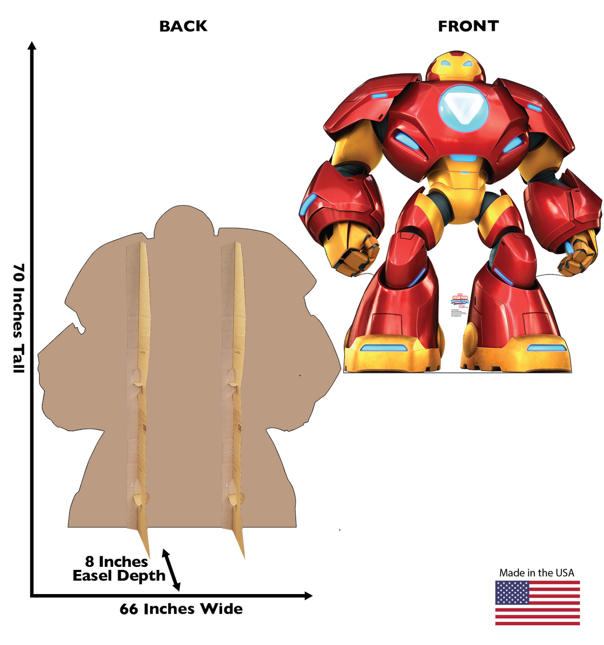 Life-size Cardboard standee of Iron Man Giant-Sized Armor with back and front dimensions.