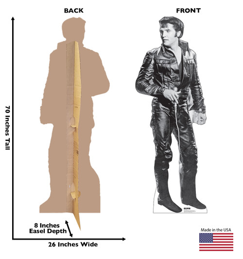 Life-size cardboard standee of Elvis with back and front dimensions.