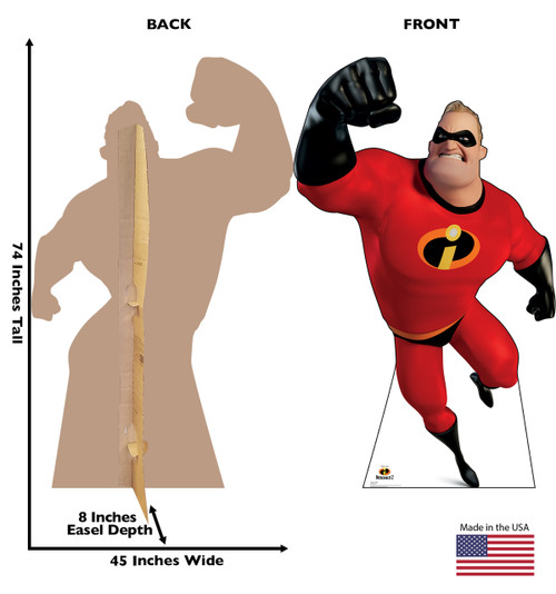 Mr. Incredible Life-size cardboard standee back and front with dimensions.
