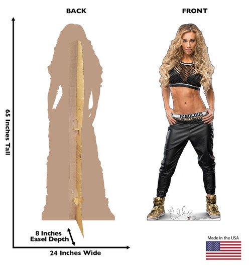 Carmella Life-size cardboard standee front and back with dimensions.