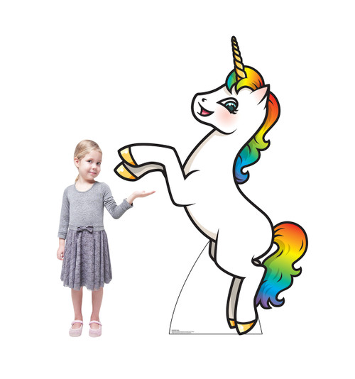 Life-size cardboard standee of a Rainbow Unicorn with model.