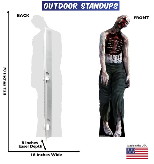Zombie Man outdoor standee with setting with back and front dimensions.
