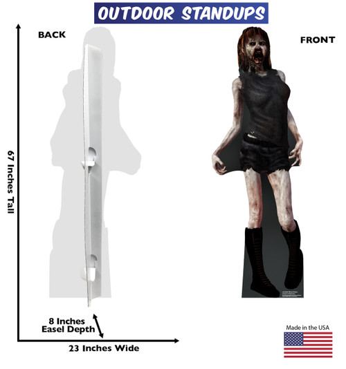 Zombie Woman outdoor standee with back and front dimensions.