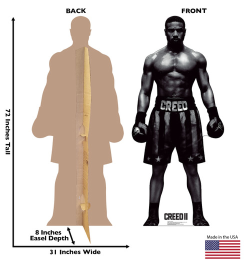 Life-size cardboard standee of Adonis Creed from Creed II. Front and back view with dimensions.