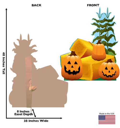 Life-size cardboard standee of Pumpkin Patch. View of back and front of standee with dimensions.