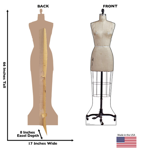 Life-size cardboard standee of an Old Dress Mannequin with back and front dimensions.