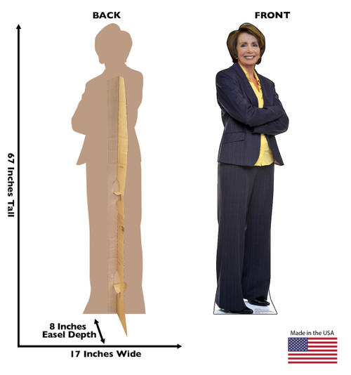 Life-size cardboard standee of Nancy Pelosi with back and front dimensions.