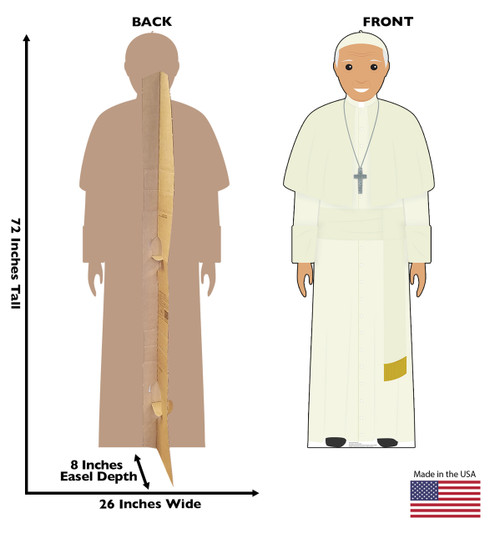 This is a life-size cardboard standee of the Pope in a white outfit with front and back dimension.