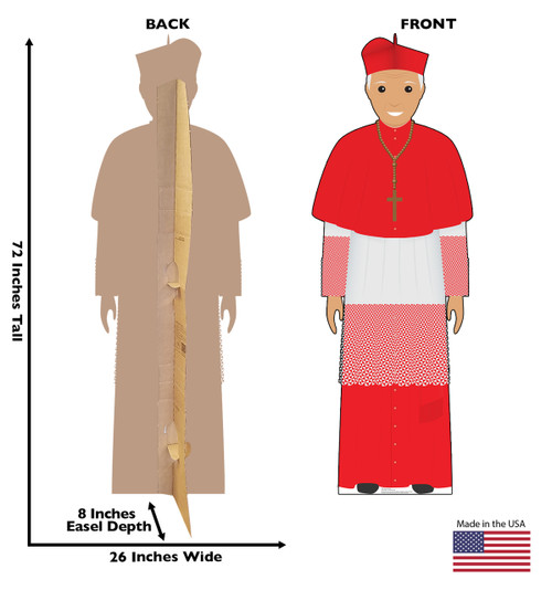 This is a life-size cardboard standee of the Pope in a red outfit with front and back dimension.
