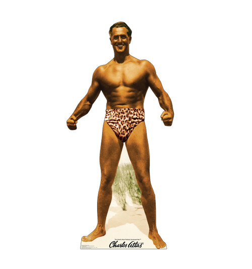 Life-size cardboard standee of Charles Atlas bodybuilder.