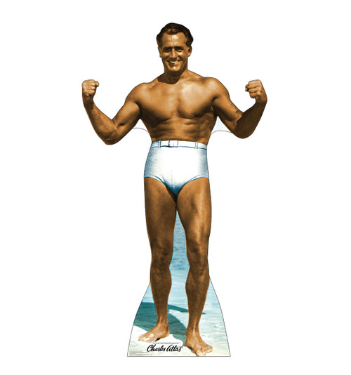 Life-size cardboard standee of Charles Atlas bodybuilder.