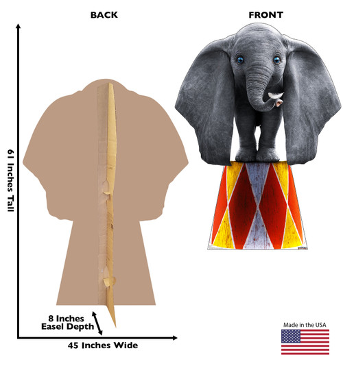 Life-size cardboard standee of Dumbo for the Disney live action movie with front and back dimensions.