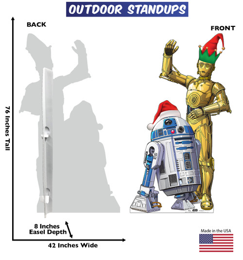 Coroplast outdoor standee of R2-D2 and C-3PO with holiday hats and front and back dimensions.
