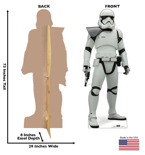 Life-size cardboard standee of Stormtrooper Sergeant™ (Star Wars IX) with back and front dimensions.
