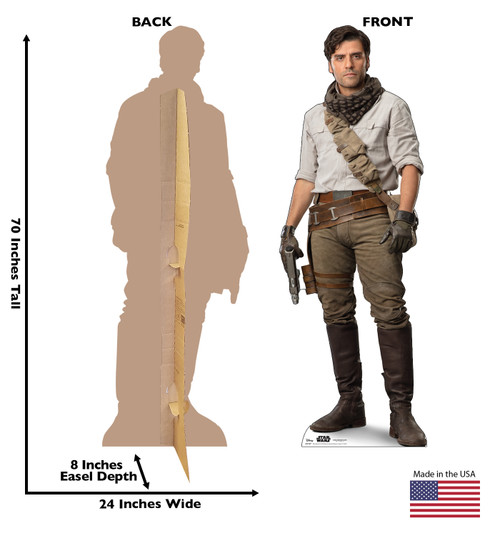 Life-size cardboard standee of Poe™ (Star Wars IX) with back and front dimensions.