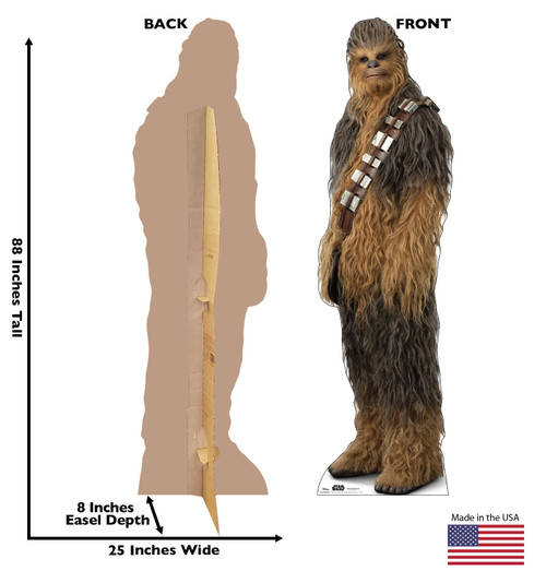 Life-size cardboard standee of Chewbacca™ (Star Wars IX) with back and front dimensions.