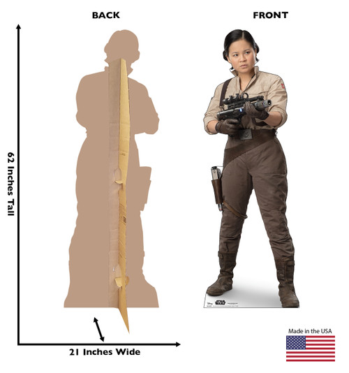 Life-size cardboard standee of Rose™ (Star Wars IX) with back and front dimensions.