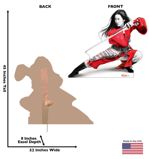 Life-size cardboard standee of Mulan from Disney's live action movie with front and back view and dimensions.